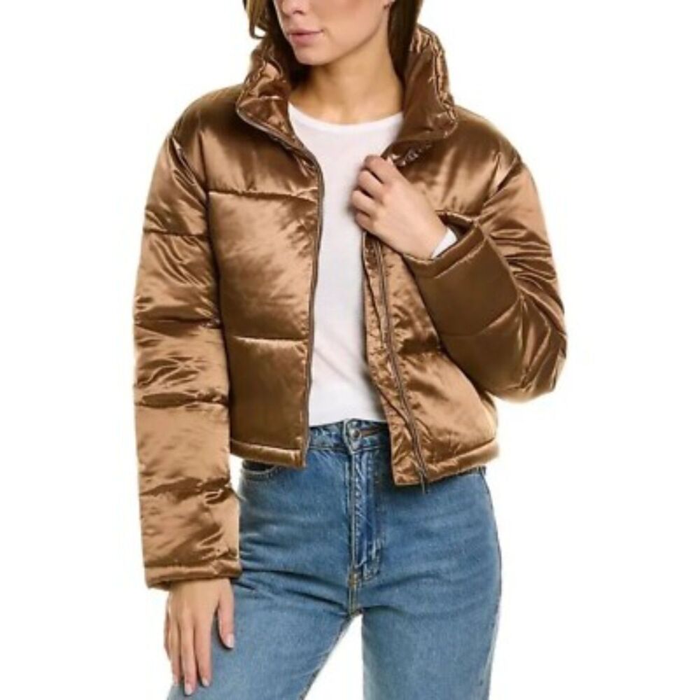 7 For All Mankind Puffer Jacket Size L Cropped Metallic Satin NWT‎